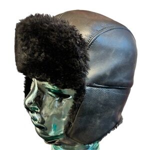 Warmwear Insulated Dracon Fiverfill Black Leather Aviator Trapper Hat Faux Fur
